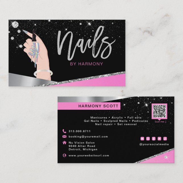 Nail Tech Artist Glam Pink Silver Diamond Salon Business Card (Front/Back)