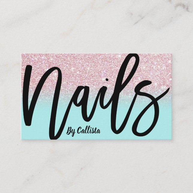 Nail Tech Girly Mint Pink Glitter Ombre Typography Business Card (Front)