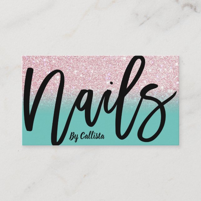 Nail Tech Girly Pink Glitter Ombre Typography Business Card (Front)