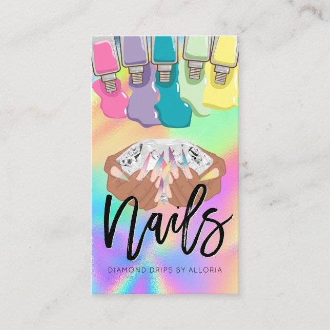 Nail Tech - Hands Diamond Logo - Holographic Salon Business Card (Front)