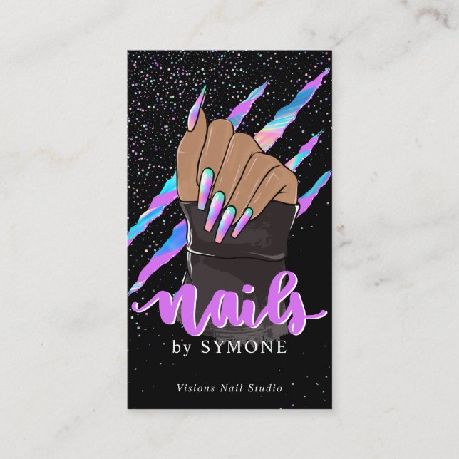 Nail Tech Holographic Claw Scratch Nail Shop Logo  Business Card (Front)