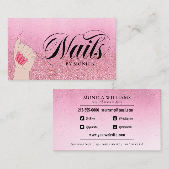 Nail Tech Manicurist Rose Red Glam Glitter Salon Business Card (Front/Back)