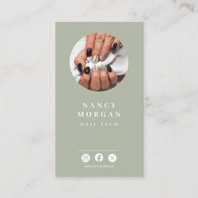 Nail Tech Qr Code Photo Sage Green  Business Card (Front)