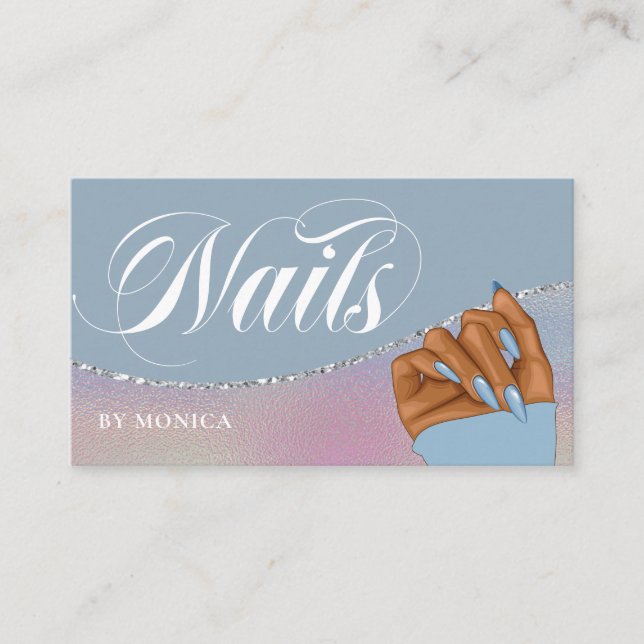 Nail Tech & Salon Blue Rainbow Metallic Elegant Business Card (Front)