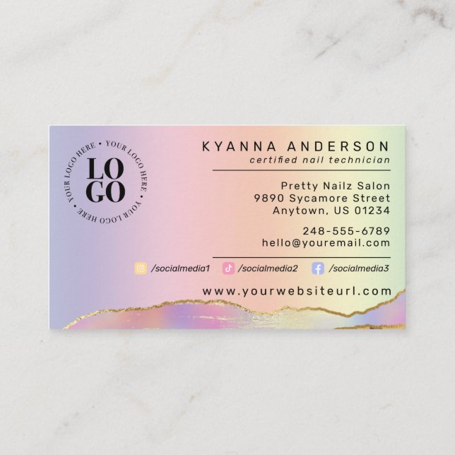 Nail Tech/Salon Holographic Rainbow - Custom Logo  Business Card (Back)
