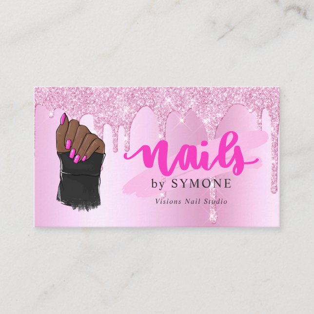 Nail Tech Salon Pink Diamond Dripping Glitter Business Card (Front)