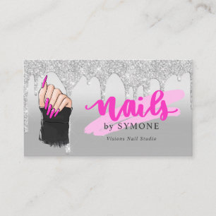 Nail Tech Salon Pink & Silver Dripping Glitter Bus Business Card