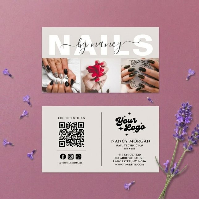 Nail Tech Script Typography 3 Photo QR Code Logo Business Card (Creator Uploaded)