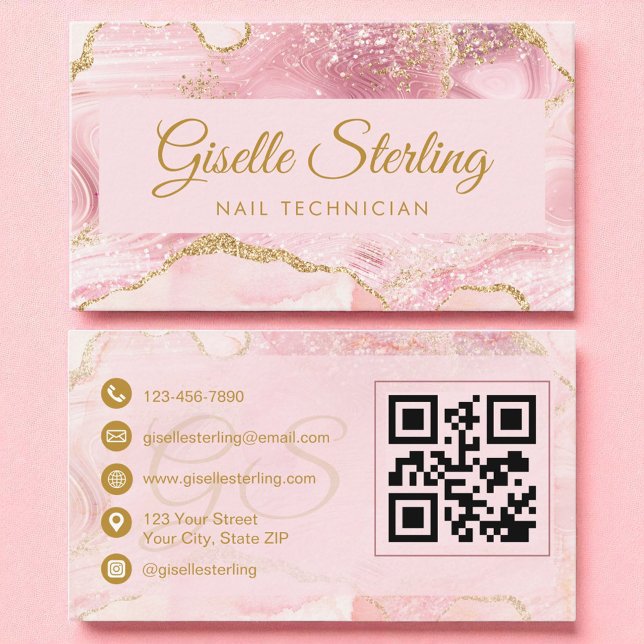 Nail Technician Blush Pink Gold Agate QR Code Business Card (Creator Uploaded)