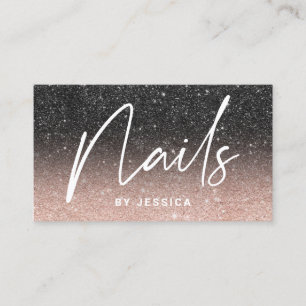 Nail technician chic rose gold black glitter ombre business card