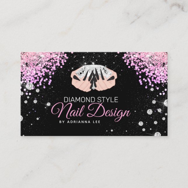 Nail Technician Diamond Glitter Pink & Black Salon Business Card (Front)