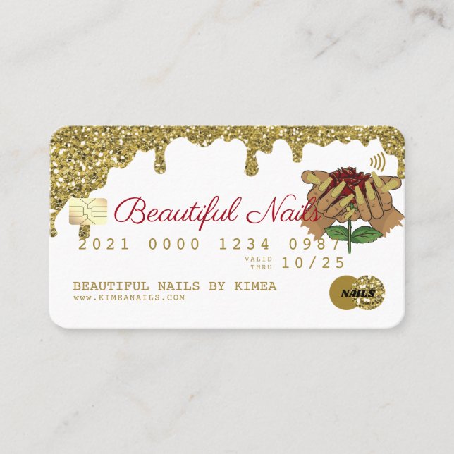 Nail Technician Dripping Gold Glitter Credit Style Business Card (Front)