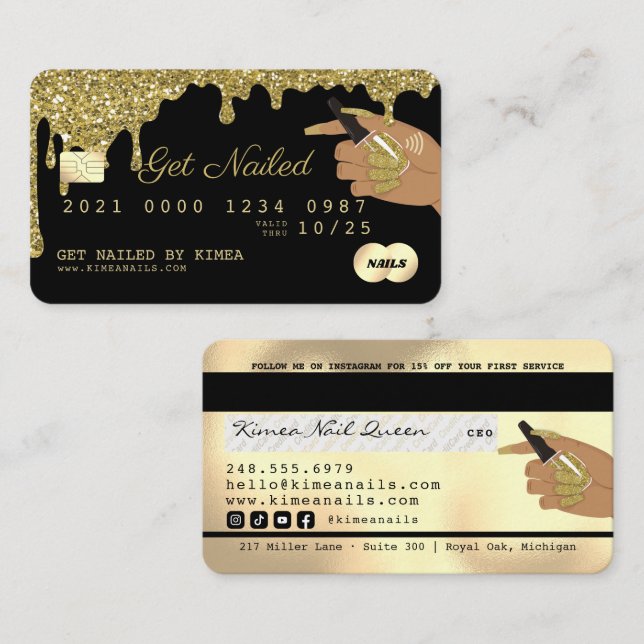Nail Technician Dripping Gold Glitter Credit Style Business Card (Front/Back)