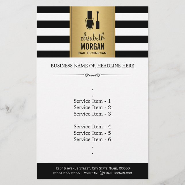 NAIL TECHNICIAN Elegant Gold Black White Stripes Flyer (Front)