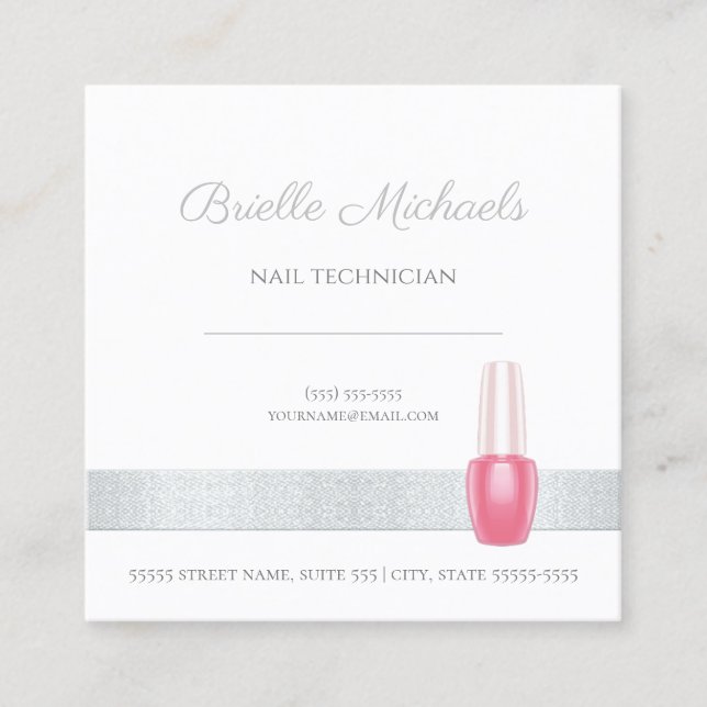 Nail Technician Elegant Silver With Pink Polish Square Business Card (Front)