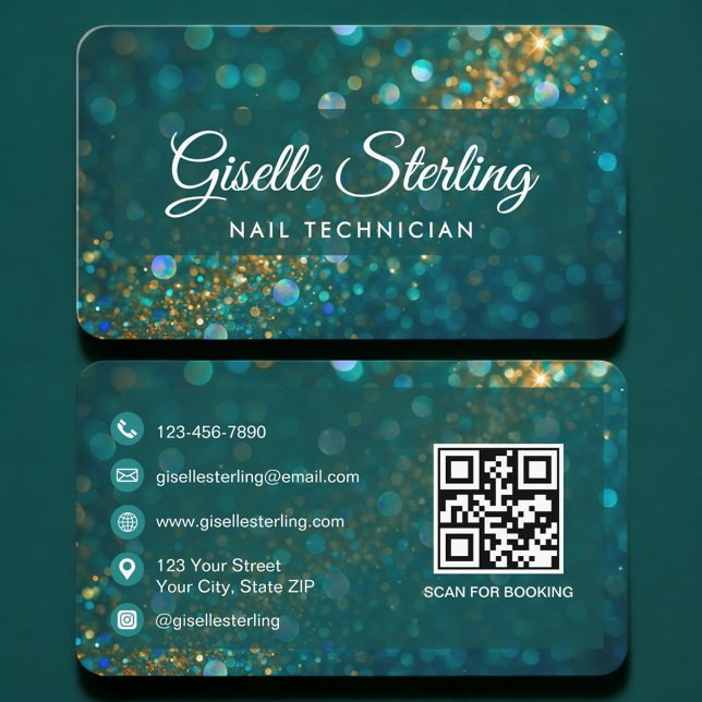 Nail Technician Green Gold QR Code Professional Business Card (Creator Uploaded)