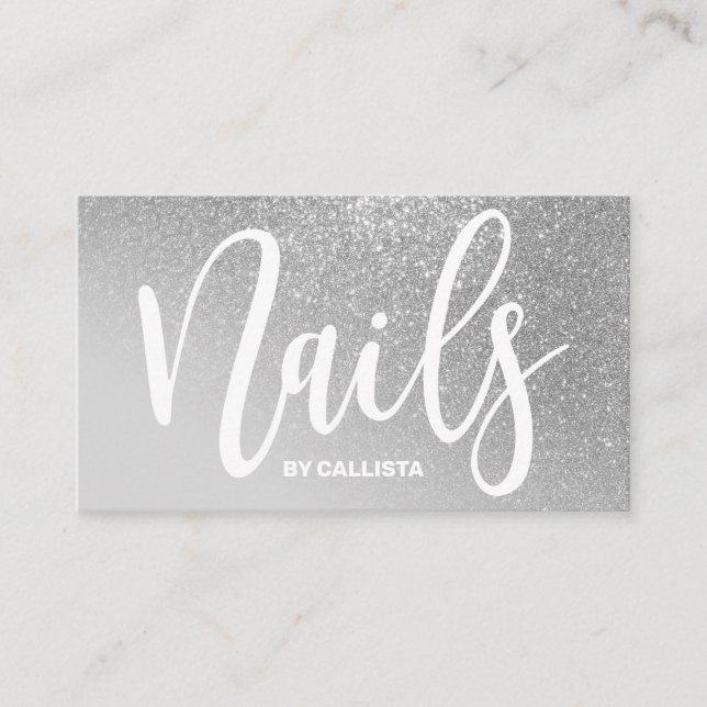 Nail Technician Grey Silver Glitter Typography Business Card (Front)