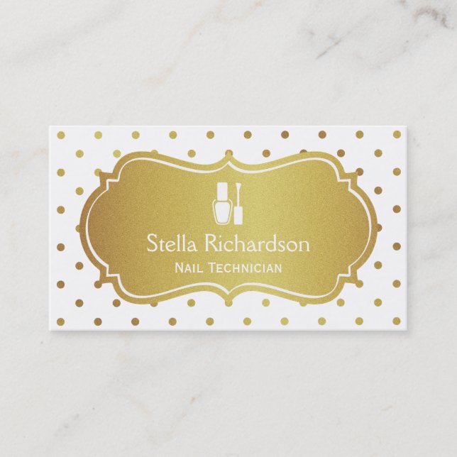 Nail Technician Manicurist - Chic White Gold Dots Business Card (Front)