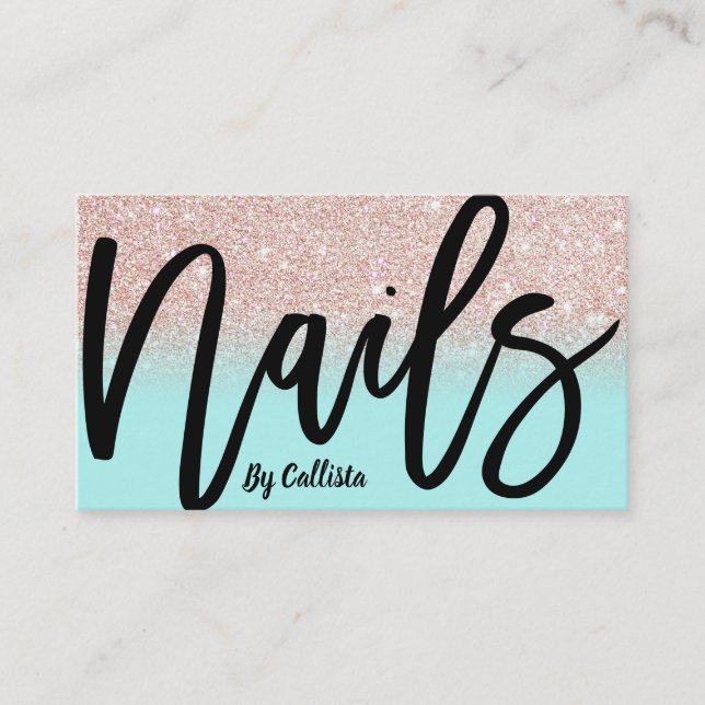 Nail Technician Mint Rose Gold Glitter Typography Business Card (Front)