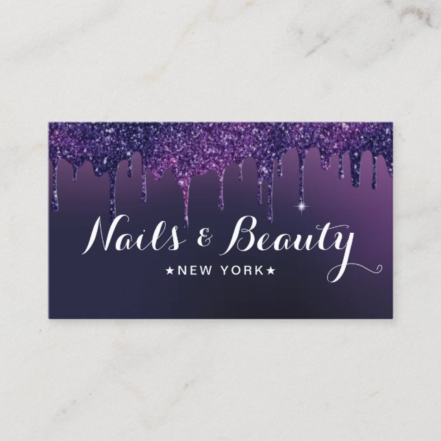 Nail Technician Modern Purple Glitter Drips Business Card (Front)