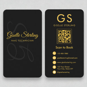 Nail Technician Monogram Black Gold QR Code Beauty Business Card