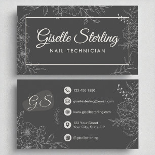 Nail Technician Moody Charcoal Grey Floral Modern Business Card
