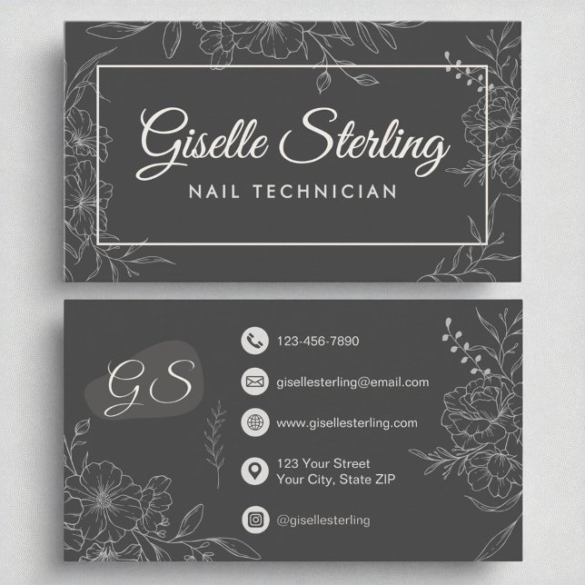 Nail Technician Moody Charcoal Grey Floral Modern Business Card (Creator Uploaded)