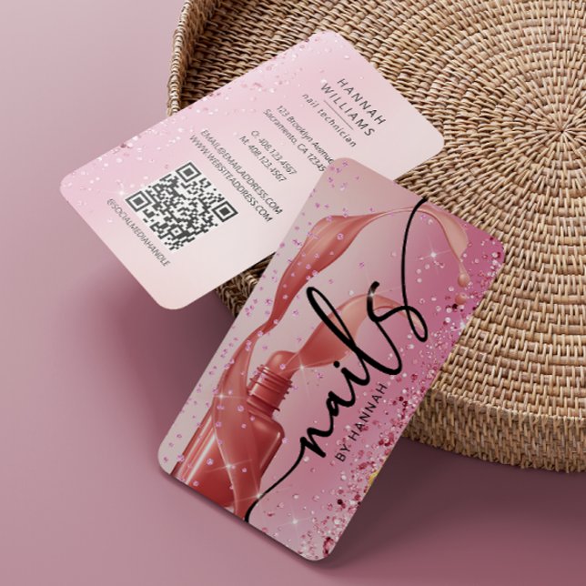Nail Technician Rose Gold & Pink QR Code Business Card (Creator Uploaded)