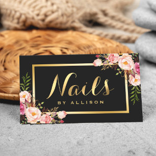 Nail Technician Salon Black Gold Floral Script Business Card