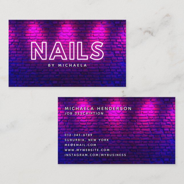 Nail Technician/Salon Modern Pink Neon & Bricks Business Card (Front/Back)