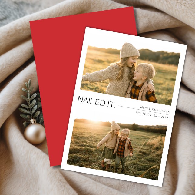 Nailed It Playful Kids 2 Photo Christmas Red Holiday Card (Creator Uploaded)