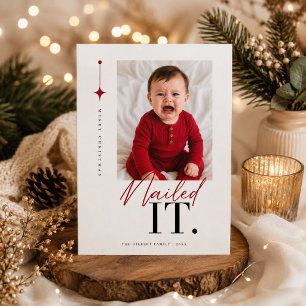 Nailed It Red Script Modern Baby Christmas Photo Holiday Card