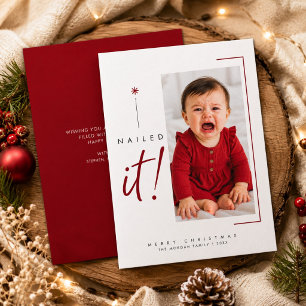 Nailed It Red Vertical Photo Funny Baby Christmas  Holiday Card