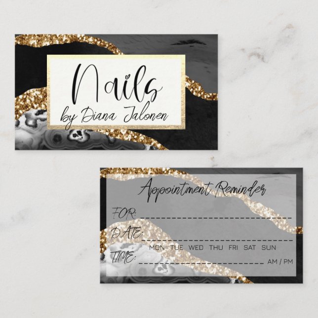 Nails Appointment Reminder Gold Black Marble Business Card (Front/Back)