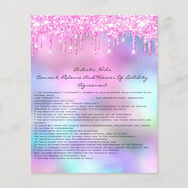 Nails Artist Liability Waiver Rose Pink Drips Blue Flyer (Front)