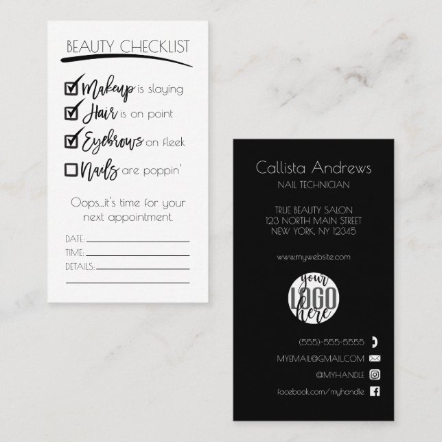 Nails Black White Beauty Checklist Business Logo Appointment Card (Front/Back)
