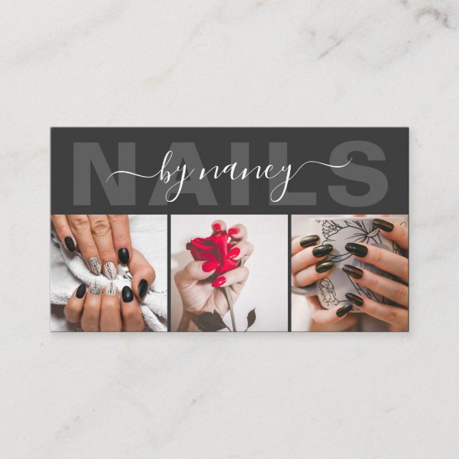 Nails Dark Gray And Black Photo Collage  Business Card (Front)