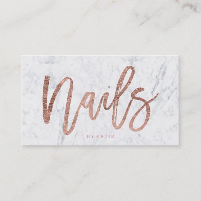 Nails elegant faux rose gold typography marble business card (Front)