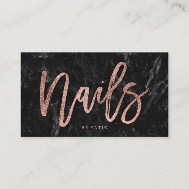 Nails elegant rose gold typography black marble business card (Front)