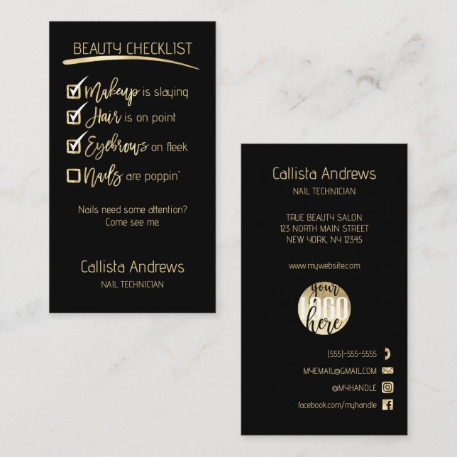 Nails Gold Black Beauty Checklist Business Logo Business Card (Front/Back)