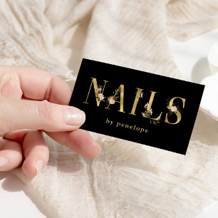 Nails   Gold Floral Typography on Black Business Card