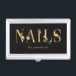 Nails | Gold Floral Typography on Black Business Card Holder<br><div class="desc">This elegant and stylish nail salon business card holder features modern faux gold typography with gorgeous blush pink,  gold and black watercolor flowers for a totally on-trend look.</div>
