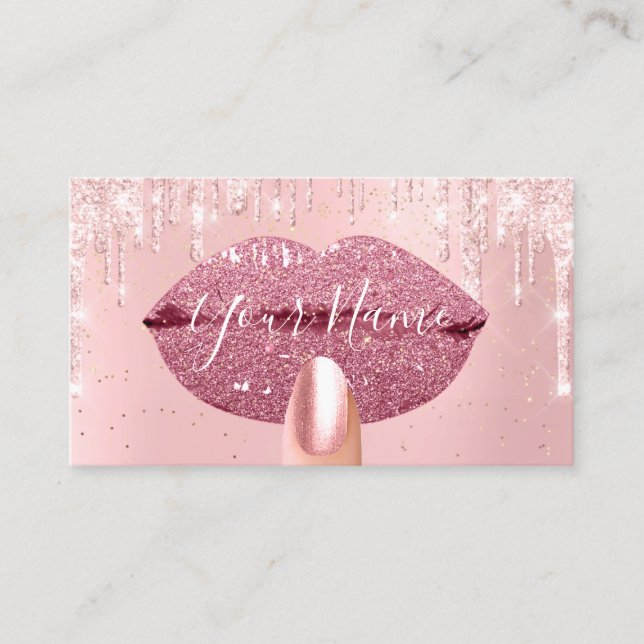 Nails Makeup Artist Pink Drips Kiss Lips Rose Gold Business Card (Front)