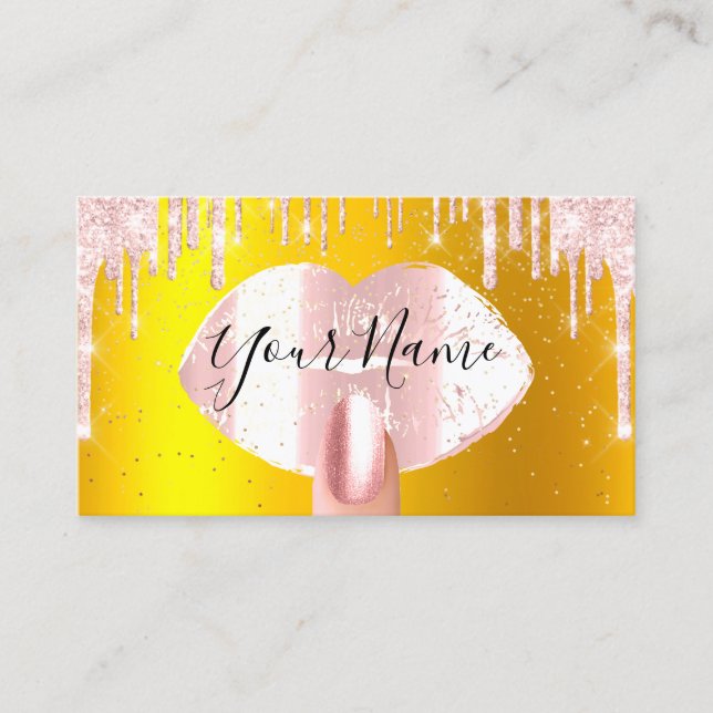 Nails Makeup Artist Rose Drips Kiss Lips Gold VIP Business Card (Front)
