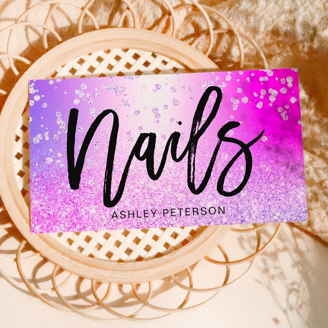 Nails pink chic glitter metallic sparkle confetti business card (Creator Uploaded)