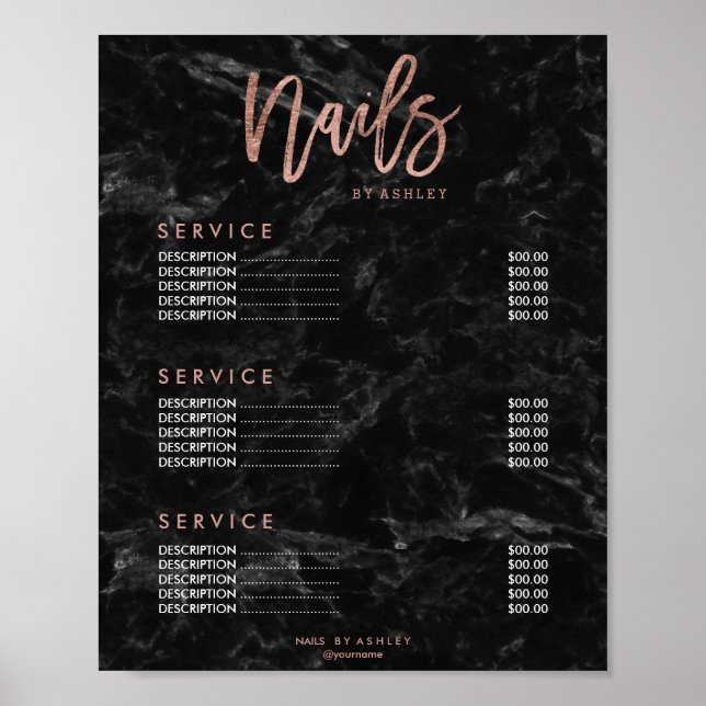 Nails rose gold script black marble price list poster (Front)