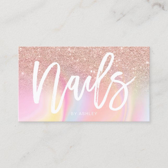 Nails script rose gold glitter chic marble business card (Front)