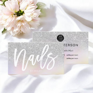 Nails script silver glitter chic holographic business card