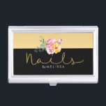 Nails Typography Gold Glitter Floral Bouquet Business Card Holder<br><div class="desc">Elegant black and gold geometric design with colourful floral bouquet and Nails-Typography in gold glitter modern script font.</div>