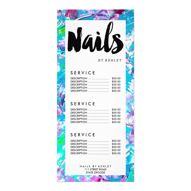 Nails typography green acrylic blue  price list rack card (Front)